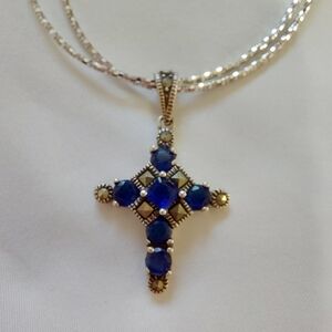 Sterling Silver Blue Glass Cross Marcasite Necklace